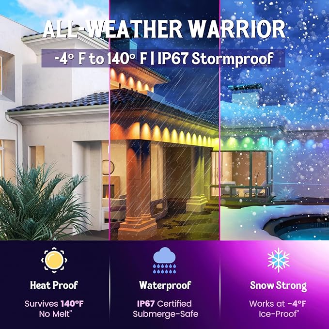 HUTAKUZE Permanent Outdoor Lights, 150ft RGB Outdoor Christmas Lights with 90 LED Light, IP67 Waterproof LED Eaves Light, DIY Scene Modes for Halloween and Holiday Decor, Smart APP & Remote Control