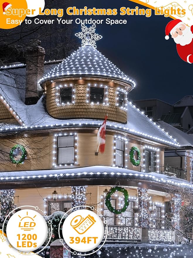 Christmas Lights 1200 LED 394 FT, Waterproof Outdoor String Lights with Remote and Timer, Christmas Tree Lights with 8 Modes Dimmable, Fairy Lights for Holiday Decor (Cool White)