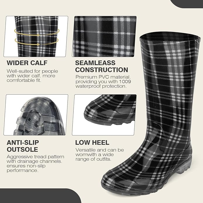 DaeRainy Tall Rain Boots for Women, Knee High Waterproof Slip On Garden Boots