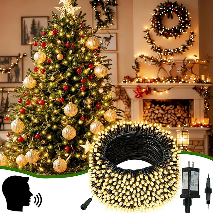 Voice Controlled Christmas Lights Outdoor, 75.8ft 200 LED Extendable Twinkle String Lights with 7 Voice Commands, 12 Modes & Timer, Waterproof Christmas Tree Lights for Party Garden (Warm White)