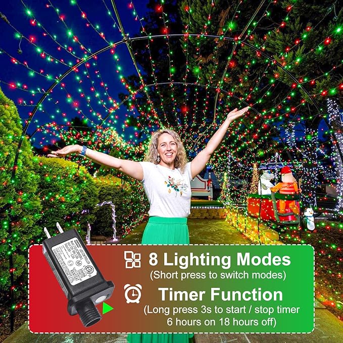 Christmas Lights, 66FT 200 LED Christmas Tree Lights with 8 Modes Waterproof, Plug in Extendable Green Wire Xmas Decorations Light for Indoor House Yard Party Holiday Decor, Red Green
