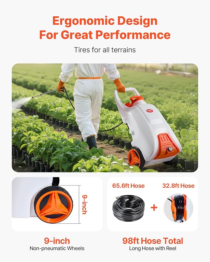 VEVOR 13.1 Gallon Battery Powered Sprayer with Wheels, Adjustable 0-80 PSI, 5 Nozzles and 98ft Hose Included, Orange