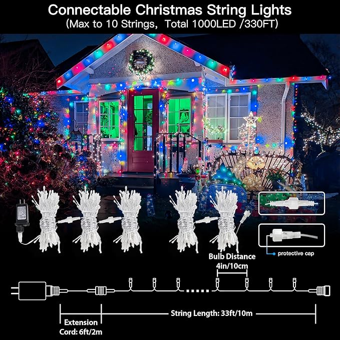 33FT 100 LEDs String Lights Waterproof Fairy Lights 8 Modes with Memory 30V UL Certified Power Supply for Home, Garden, Wedding, Party, Christmas Decoration Indoor Outdoor (Multicolor)