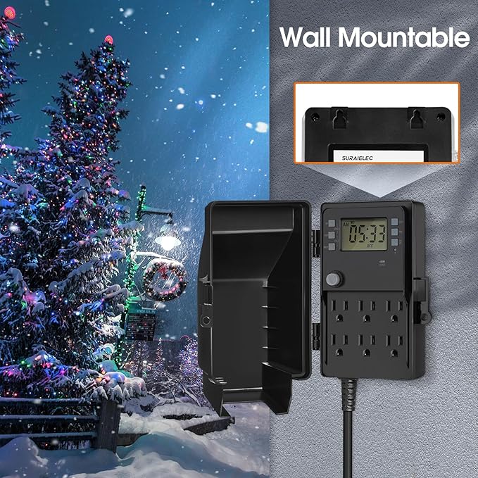 SURAIELEC Outdoor Power Stake, 7-Day Programmable Digital Timer, Power Strip Weatherproof, 6 Multi Plug Electrical Outlet Waterproof, 6FT Extension Cord, for Outside Yard Light, Halloween Decorations