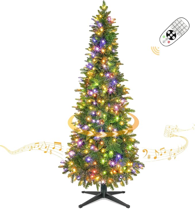 7.5ft Prelit Rotating Artificial Pencil Slim Christmas Tree with Remote Timer & Dimmer, Multi-Color LED Lights, PE & PVC Branches for Holiday Decor