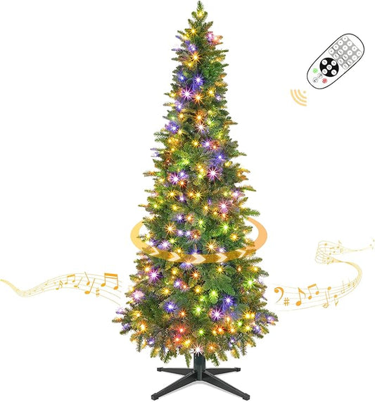 7.5ft Prelit Rotating Artificial Pencil Slim Christmas Tree with Remote Timer & Dimmer, Multi-Color LED Lights, PE & PVC Branches for Holiday Decor