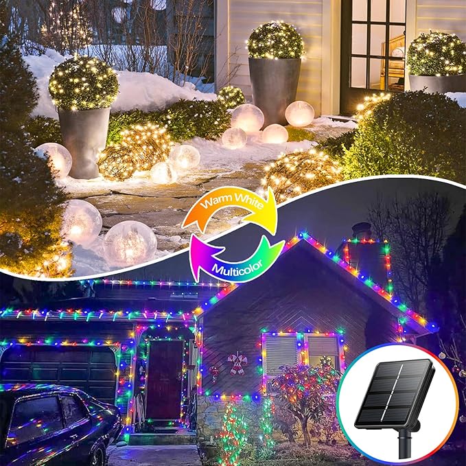 Warm White and Multicolor Color Changing Solar String Lights for Outside, 2 Pack 400LED Solar Christmas Lights Outdoor, Waterproof Copper Wire with 8 Modes Twinkle Fairy Light for Tree Christmas Decor