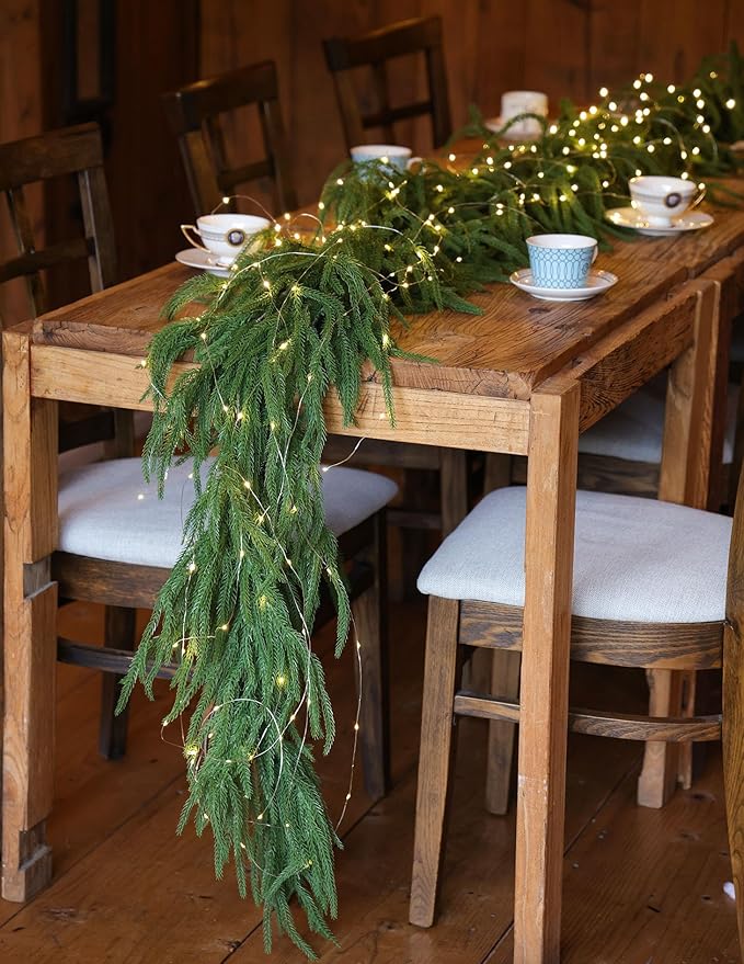 MISSPIN 14ft Christmas Garland with Lights, Real Touch Norfolk Pine Garland, Green Artificial Greenery Garland for Table, Mantle, Wall, Indoor, Outdoor Christmas Decorations