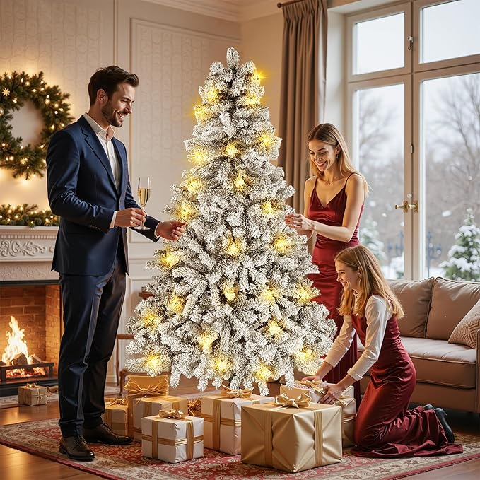 Northroad 6ft Pre-lit Flocked Christmas Tree with Incandescent Warm White Lights, Artificial Xmas Tree W/850 Branch Tips, 250 Lights & Foldable Stand