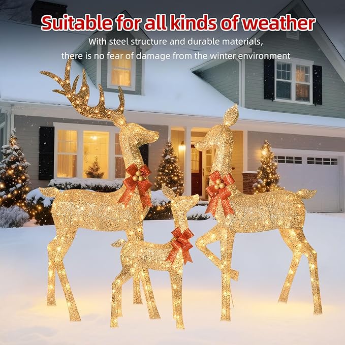 HOYECHI 6.5 FT Oversized Christmas Decorations Outdoor Lighted Reindeer – 3-Piece 3D Deer Family Set with 340 Warm White LED Lights for Yard, Lawn, Garden & Porch Holiday Display - Gold