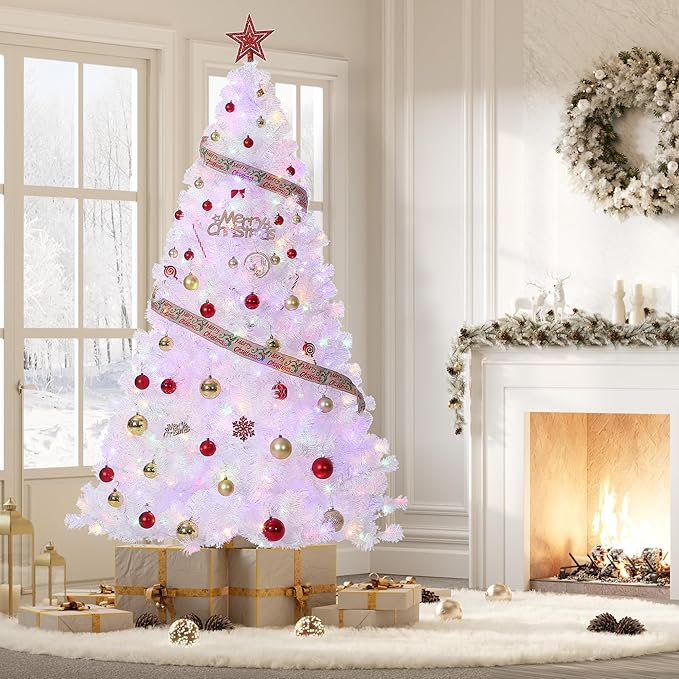 GarveeHome 4.5ft Prelit Artificial Christmas Tree with 150 Warm White Lights, Pre-Lit Snow Flocked Pencil Christmas Tree, Foldable Base,Holiday Decoration for Home, Office, Party,Laser White