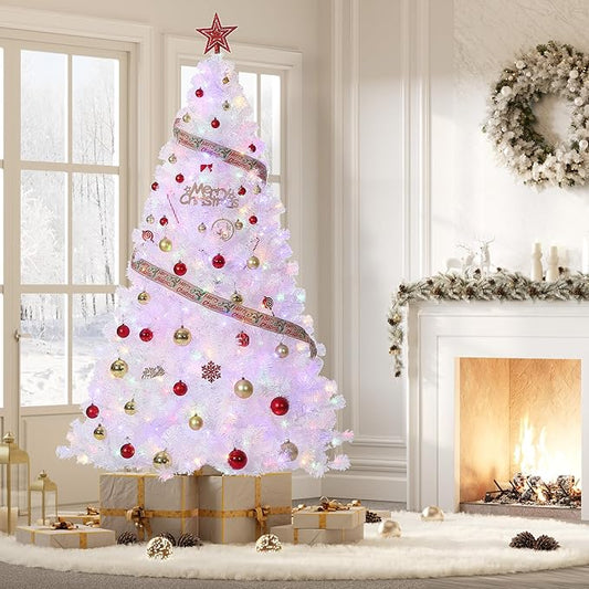 GarveeHome 6ft Prelit Artificial Christmas Tree with 250 Warm White Lights, Pre-Lit Snow Flocked Pencil Christmas Tree, Foldable Base,Holiday Decoration for Home, Office, Party,Laser White