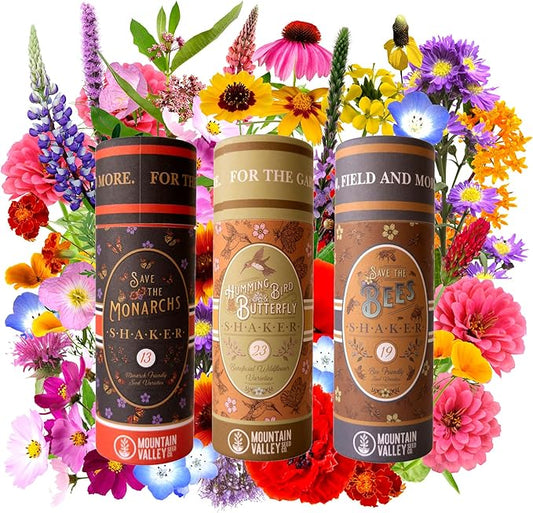 Pollinator Wildflower Seed Shaker Collection - ~300,000+ Wild Flower Seeds for Planting - Includes Hummingbird & Butterfly, Save The Monarchs, and Save The Bees Wildflower Mixes - Covers ~1,000 sq ft…
