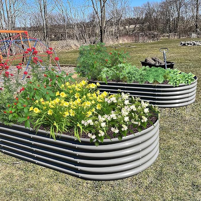 A ANLEOLIFE 5-Pack 6X2X1.5ft & 12X3X1.5ft Deep Root Galvanized Raised Garden Beds Outdoor for Planting Vegetables Flowers Herb, Quartz Grey