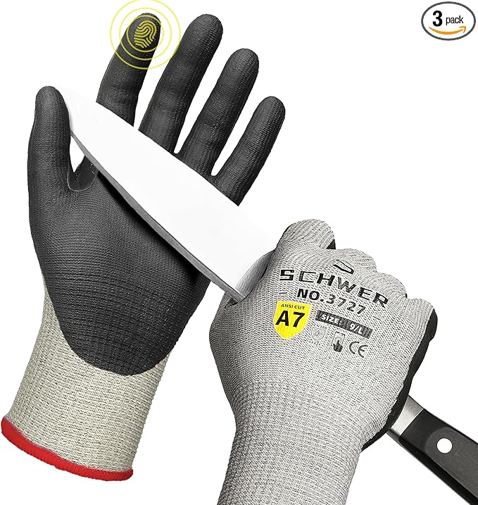 3 Pairs High Level Cut Resistant Work Gloves for High Risk Work, ANSI A7 Cutting Gloves with Reinforced Thumb, Used for WoodWorking, Construction, Non Slip, Durable, Breathable & Cool, L, PR3727