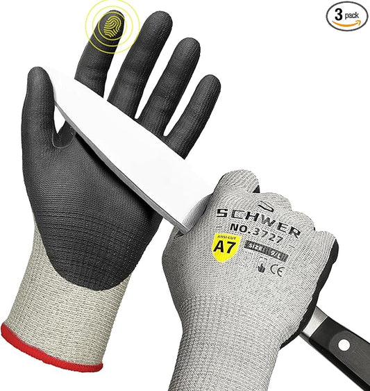 3 Pairs High Level Cut Resistant Work Gloves for High Risk Work, ANSI A7 Cutting Gloves with Reinforced Thumb, Used for WoodWorking, Construction, Non Slip, Durable, Breathable & Cool, L, PR3727