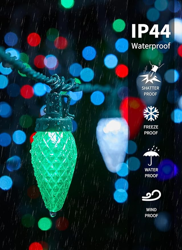 C9 LED Christmas Lights Outdoor, 81 Feet 100 LED String Lights with Timer & 8 Light Mode, Waterproof Connectable Christmas Tree Lights for Outside Indoor Roofline Patio Decor, Red, Green & Pure White