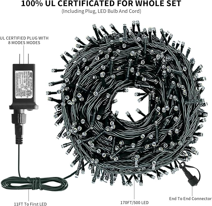 XTF2015 Christmas String Lights 170FT 500 LED, End-to-End Plug 8 Modes Memory Function with Timer - UL Certified - Outdoor Indoor Fairy Christmas Lights for Tree, Patio, Garden, Holiday (Multicolor)