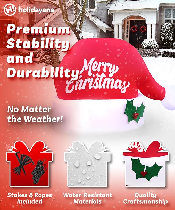Holidayana Christmas Inflatables Large 4.5ft Tall Merry Christmas Santa Hat - Inflatable Outdoor Decorations Blow Up X-mas Decorations for Yard, Lawn & Garden Internal Lights & Built-in Fan