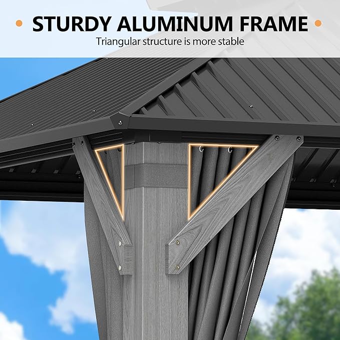 10'x12' Hardtop Wood Gazebo, Outdoor Double Roof Galvanized Steel Top Gazebo with Wooden Post, Curtains & Netting for Backyard, Patio, Deck (10x12 FT)