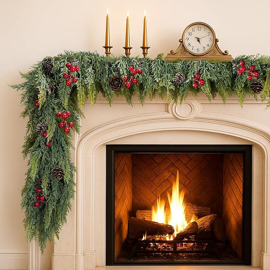 6FT Artificial Cedar Christmas Garland Real Touch Realistic Soft and Thickness Garland Faux Full Greenery Holiday Garland for Mantel, Fireplace, Front Door, Indoor Outdoor Xmas Decoration