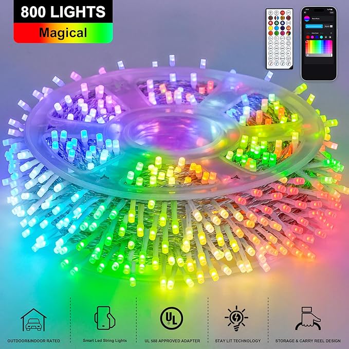 JMEXSUSS 800 LED RGB String Light Outdoor Indoor, Christmas Lights Outdoor Clear Wire Christmas Lights Plug in for Bedroom Tree Room Party Birthday Decorations