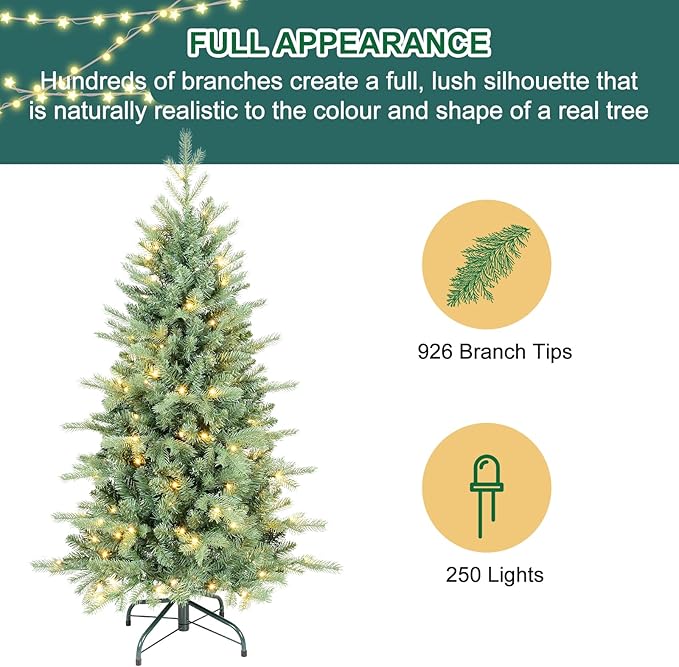 5 FT Prelit Artificial Skinny Christmas Tree,Blue Spruce Slim Pencil Xmas Tree with 926 PE&PVC Mixed Branch Tips and 250 UL Listed Clear Lights,Hinged Pine Tree with Metal Stand for Home Office Décor