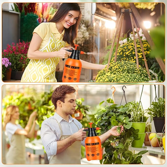 3 Pcs 1/2 Gallon Plastic Handheld Pump Sprayer – Garden Pressure Sprayer Bottle with Adjustable Nozzle for Plants, Cleaning, Household Tasks – Orange