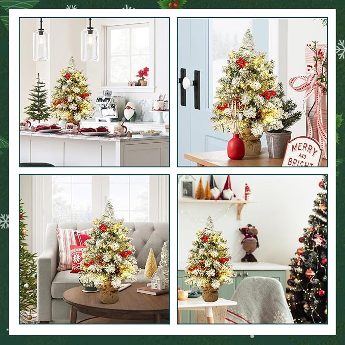 Uten Christmas Tree Flocking Snow Small Pine Cones/red Fruits, 40 LED Waterproof Battery Box with Cement Base Mini Christmas Tree Decorations for Home, Office, Party