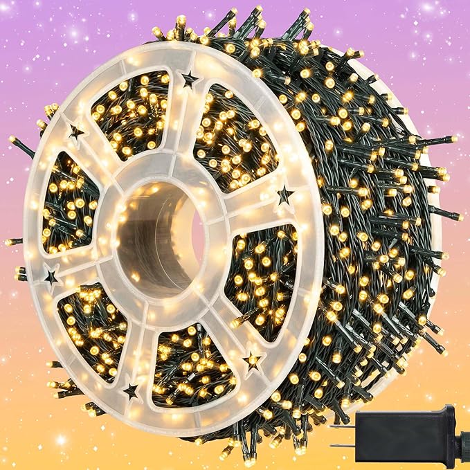 kemooie 500 LED Christmas String Lights, 164FT 8 Lighting Mode with Memory Plug in Green Wire Waterproof Lights, for Outdoor Birthday Christmas Wedding Party Garden Balcony Decorations (Warm White)