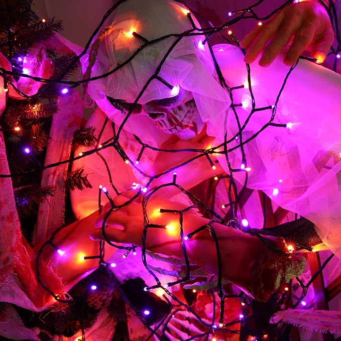 LYHOPE Orange & Purple Halloween Lights, 72ft 200 LED Battery Operated Halloween String Lights with 8 Modes, Waterproof Battery String Light for Outdoor & Indoor, Patio, Lawn, Yard, Holiday Decor