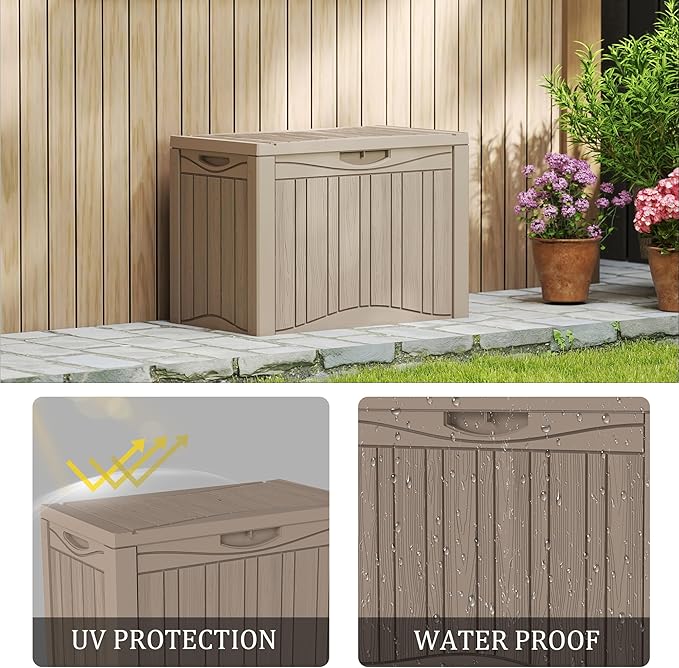 50 Gallon Waterproof Large Resin Deck Box Indoor/Outdoor Lockable Storage Container and Seating for Garden, Pool, and Patio (50 Gallon, Grey)