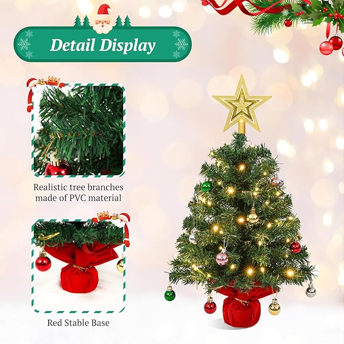 Uten Mini Christmas Tree Small Christmas Balls 56Pcs, Treetop Star 50 LED Waterproof Battery Box with Red Cement Base Double Green Christmas Tree Christmas Decorations for Home, Office, Party