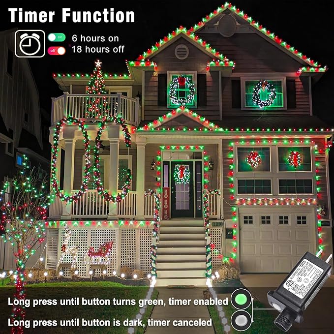 66FT 200 LED Christmas Lights Outdoor, Plug in Christmas String Lights Indoor, Waterproof & 8 Modes & Timer Function, Connectable Fairy Twinkle Light for Bedroom Classroom Wedding Decor, Red Green