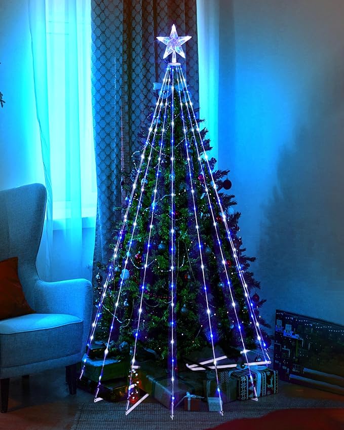 Christmas Cone Tree Light, 7ft 295 LED Light Show Christmas Tree with 8 Modes Timer Remote, Dimmable Artificial Christmas Tree for Porch Yard Patio Indoor Outdoor Xmas Holiday Decor, Blue & White