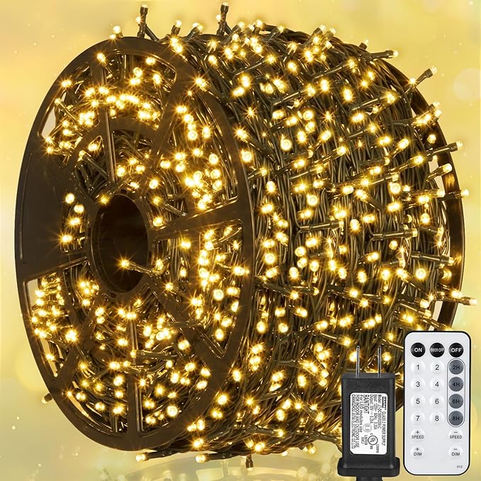 Weillsnow 328 FT 1000 LED Christmas String Lights with Remote & Timer, 8 Lighting Modes Twinkle Lights, Waterproof Fairy Lights For Outdoor Bedroom Backyard Tree Wall Christmas Decoration (Warm White)
