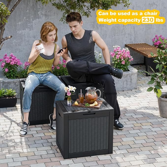 31 Gallon Waterproof Outdoor Resin Deck Box with Lockable Lid, Stylish Wicker Pattern, Easy Assembly Features and Convenient Handles For Patio Cushion, and other Patio Furniture (Black)