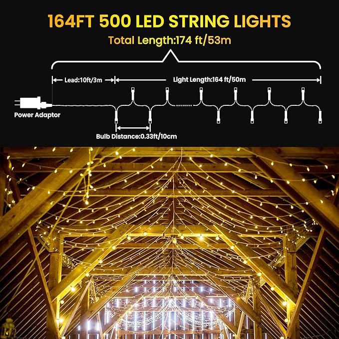 175Ft Christmas Lights Outdoor, 500 LED Christmas String Lights with 8 Modes, Timer, Waterproof Fairy Twinkle Light for Party, Garden, Patio Home Weddings Holiday Xmas Tree Decorations (Warm White)
