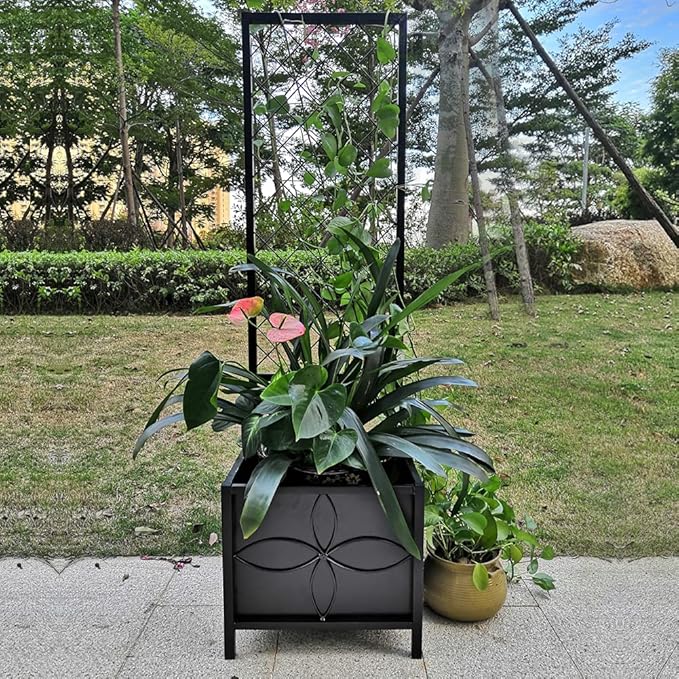 Zhongma 15.75 x 15.75 x 55 in Raised Garden Bed with Trellis,Heavy Duty Plant Box for Climbing Plants with Drainage Hole, Metal Lattice Planter Gardon Box with Inner Fabric Liners.