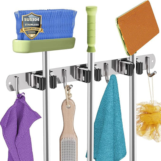 ZONGOOL Mop Broom Holder Wall Mount, Broom Organizer Mop and Broom Storage Tool Racks Stainless Steel Wall Hanger for Home Kitchen Garden Laundry Garage (3 Racks with 4 Hooks, Silver)