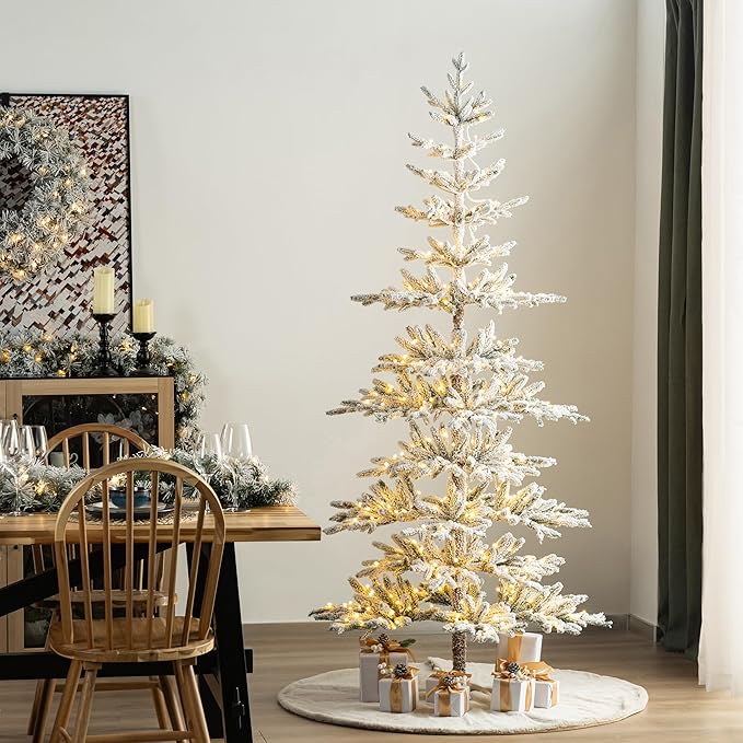 Glitzhome 7ft Deluxe Pre-Lit Flocked Artificial Christmas Tree Serene Snowscape Fir for Home, Office, Party Decoration with 400 Warm White Lights, Metal Hinges & Base, Easy Assembly