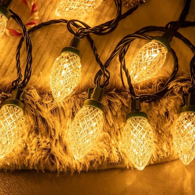 AWQ 50LED 49 FT C9 Christmas String Lights Plug in Fairy Twinkle String Lights 8 Modes Timer Function Waterproof Extendable for Indoor Outdoor Wedding Party Christmas Decoration (50, Warm White)