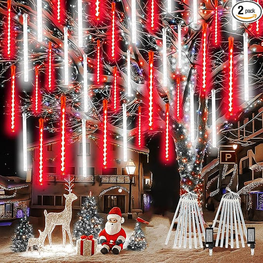 2-Pack Extendable Meteor Shower Christmas Lights Outdoor, 16 Tubes 384 LEDs Waterproof Falling Rain String Lights, Christmas String Lights Outdoor for Tree Garden Holiday Decorations (Red and White)