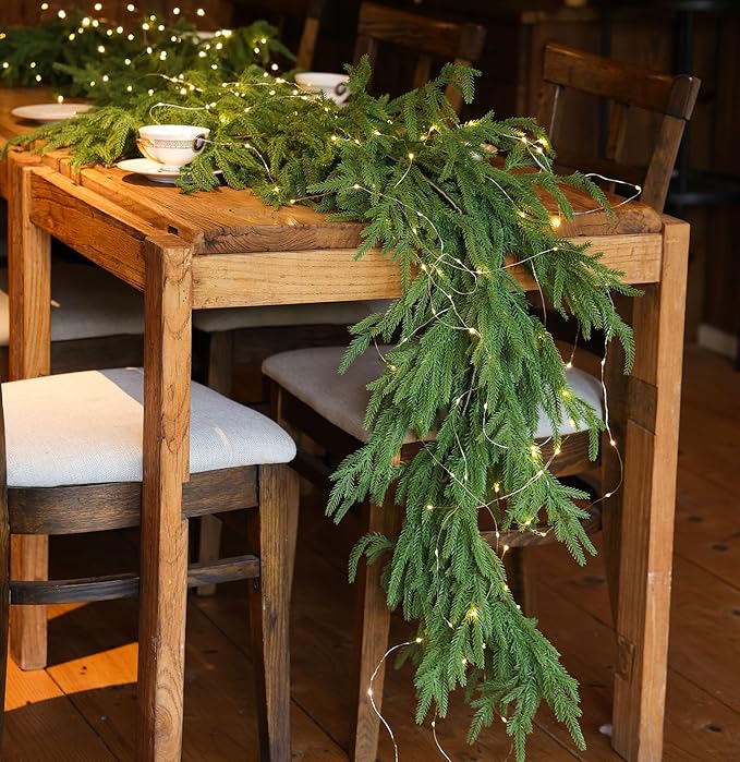 MISSPIN 14ft Christmas Garland with LED Lights, Real Touch Norfolk Pine Garland, Green Artificial Greenery Garland for Table, Mantle, String Light, Wall, Indoor, Outdoor Christmas Decorations