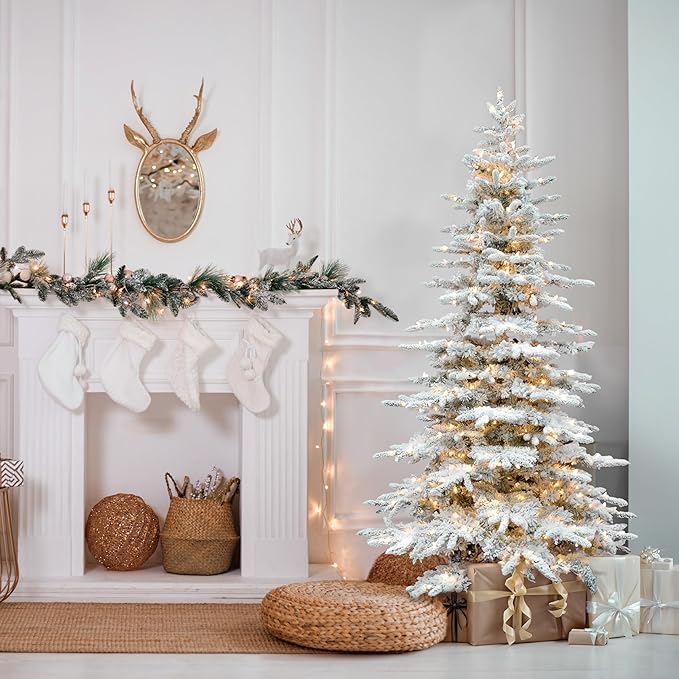 Fraser Hill Farm 7.5-Ft. Pine Valley Flocked Artificial Christmas Tree with Warm White LED Lights and Stand, Prelit Foldable Fake Tree with Realistic Snowy Foliage for Home Decoration