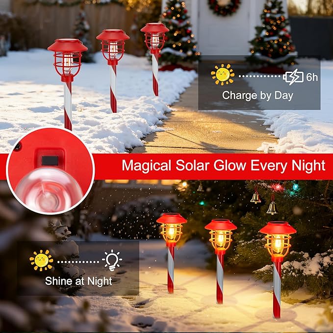 Christmas Solar Pathway Lights Outdoor Decorations,Garden Solar Stake Landscape Lights Candy Cane Christmas Pathway Light (6 Pack)