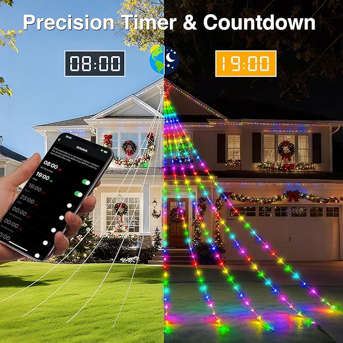 Probro 12ft Outside Waterfall Christmas Tree Lights, App Remote-Controlled RGB Christmas Shooting Star Lights with Music Sync, 85 Dynamic Effects & DIY Mode for Outdoor Xmas New Year Yard Decor
