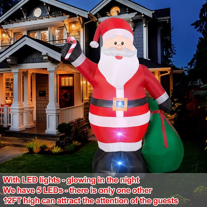 12 Ft by 7.6 Ft Giant Christmas Inflatables Decorations Outdoor Santa Claus with Gift Bag with LED Light for Christmas Blow Up Yard Decor for Lawn Garden Party Holiday Xmas Decorations Cute Fun