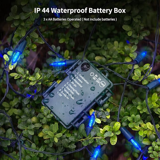 WATERGLIDE 2 Pack 50 LED Outdoor Christmas Lights, 16FT Battery Operated Mini String Lights with 8 Modes & Timer, Xmas Tree Lights Waterproof for Patio Garden Party Wedding Holiday Decor, Blue
