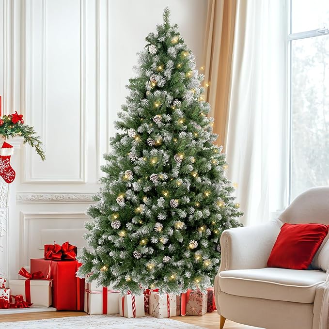 Annecy 6ft Pre-Lit Pre-Decorated Pine Hinged Artificial Full Spruce Christmas Tree w/ 970 Flocked Branch Tips, 60 Pine Cones, 250 Warm White & Multi-Color Lights for Home, Office Decoration,Metal Base